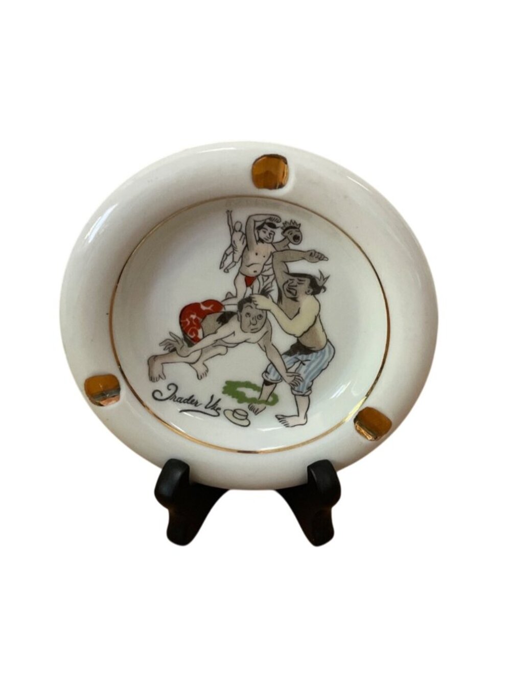 Vtg Trader Vics Polynesian Tiki Bar Ceramic Ashtray Cartoon Artwork Beefin' Boys